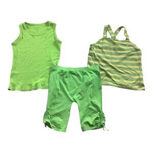 Girls Lot Of 3 Size 7/8 Green Stripe Tank Top T-Shirt & Capri Leggings